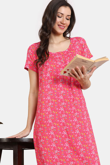 Buy Zivame Floral Pop Woven Full Length Nightdress - Coral Paradise